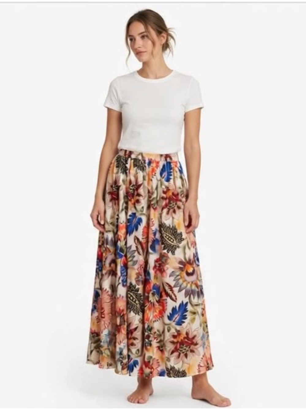 Calypso St. Barth Floral Circle Skirt in Cream, Blue & Orange